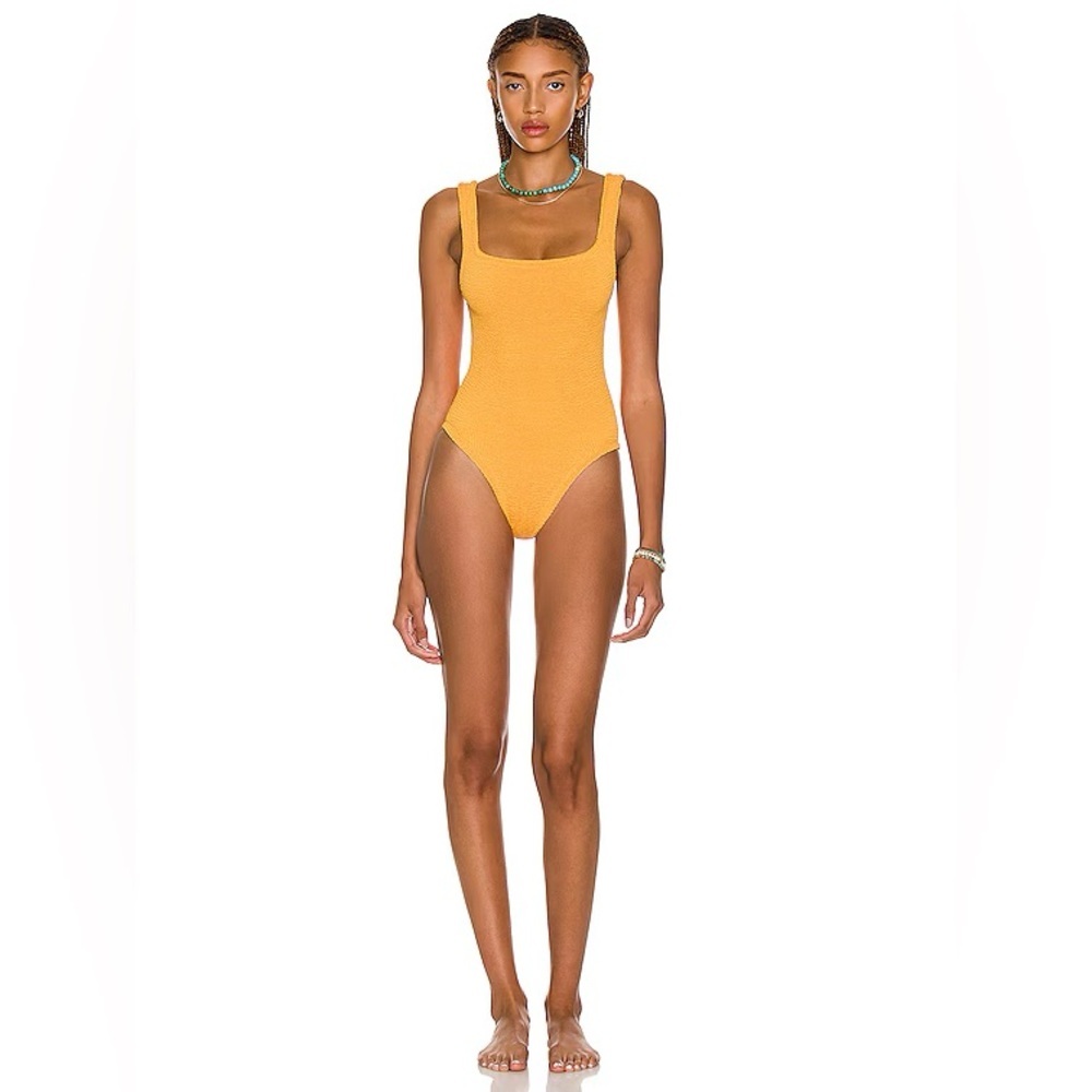 Hunza G Swimsuit Square Neck Crinkle Stretchy Mango Orange Yellow One Size - Picture 7 of 9